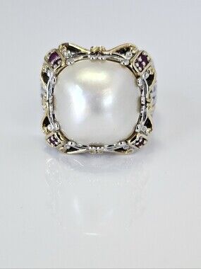 Genuine Designer Mabe Pearl & Ruby Ring Palladium Sterling Silver 18k Size 7!